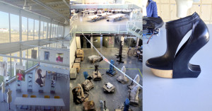 Three images, from left to right showing a spacious two-story exhibition area with floor-to-ceiling windows, then a spacious studio shot from above with models and tools strewn about and a lone person working, and in the last image a curvaceous black leather women's high heeled shoe shown on a work table.