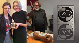 Tryptych from left to right, first image showes Cooper-Hewitt director Caroline Baumann with another woman posing with a fist-sized metal rectangle, next a bearded man holding a carved wooden object and pointing it playfully at the camera as if it were a gun, and next an image of the fist-sized metal rectangle against a gray backgrop. It is etched in black with a yin-yang like circular logo.
