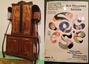 Dyptych showing a tall wooden cabinet in an exhibition space on the left, and on the right a poster for an exhibition titled Art Nouveau Secese, with the letters of the word secese in swirly bubble letters with various color illustrations of women's faces filling the inside of each bubble letter.