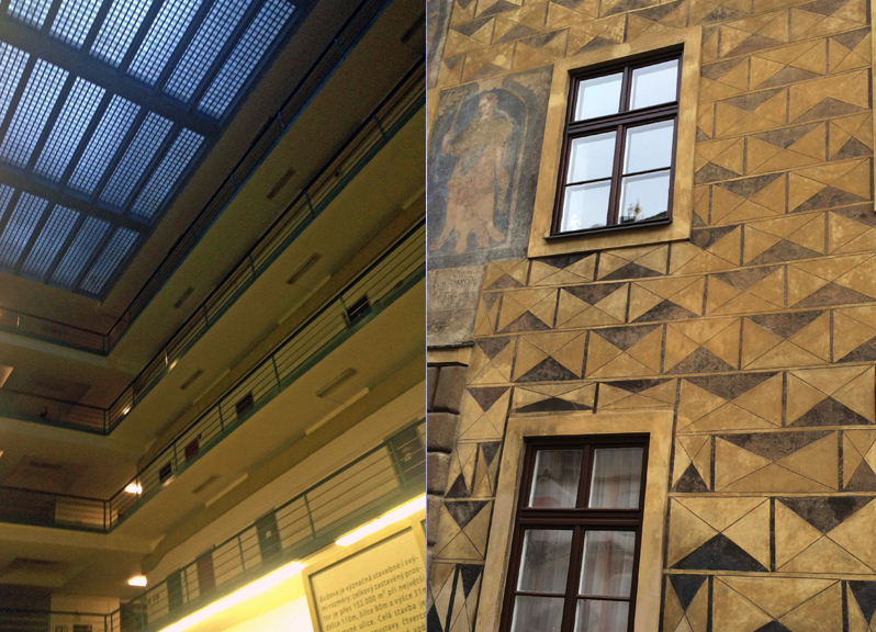 diptych showing on the left a grand library with two stories of books housed on ornately carved and gold-guilded dark wood shelves, with a vibrantly colorful mural on the domed ceiling above depicting robed angels. The image on the right is a building facade with a somewhat faded repeating pattern of black and tan triangles.