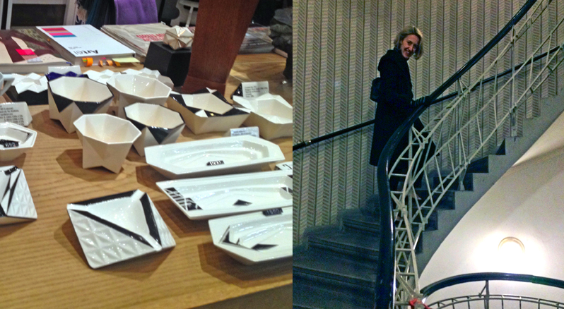 a diptych showing on the left a collection of black-and-white ceramics arranged on a table, as if in a shop, and on the right a photo of Cooper Hewitt director Caroline Baumann posing on a large curving interior stair.
