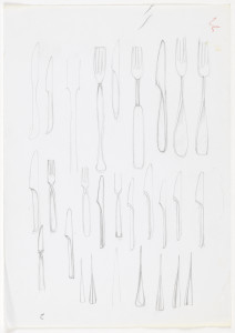 Image features a design drawing of flatware: forks and knives. Please scroll down to read the blog post about this object.