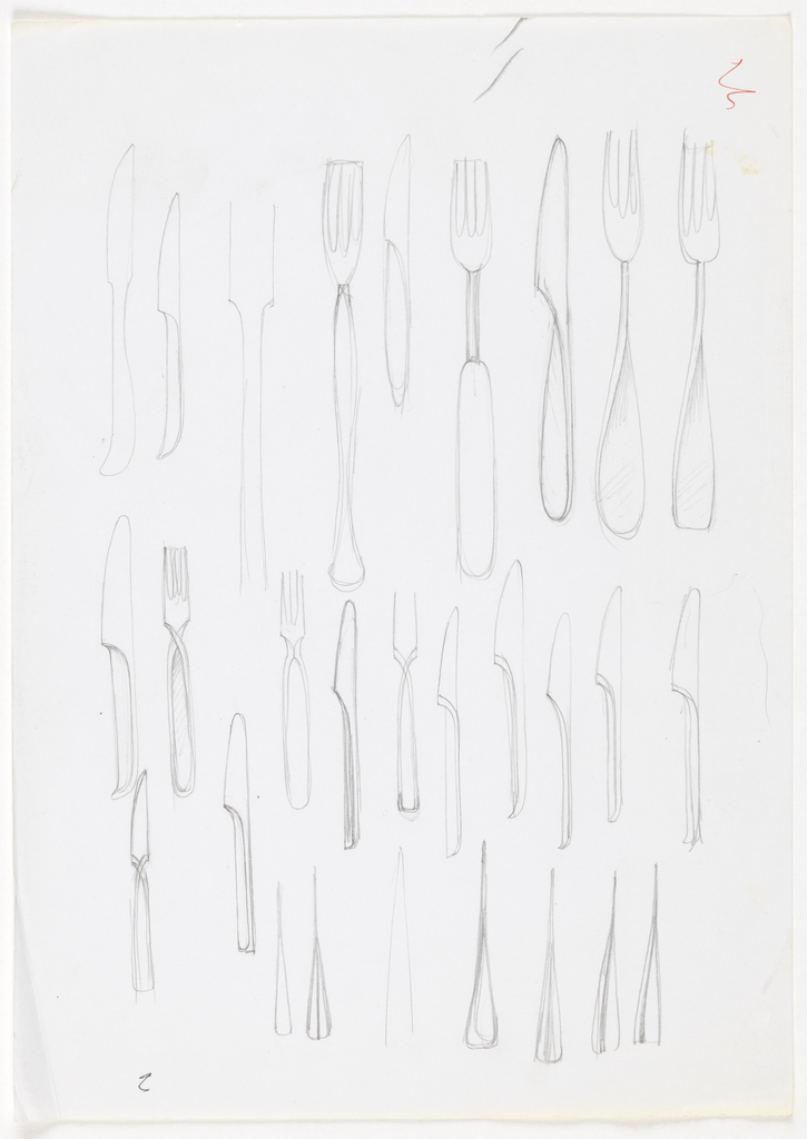 Image features a design drawing of flatware: forks and knives. Please scroll down to read the blog post about this object.