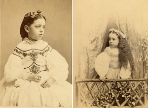 Old photographs of two young girls in poofy dresses.