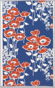 blue, red, and white wallpaper with poppies