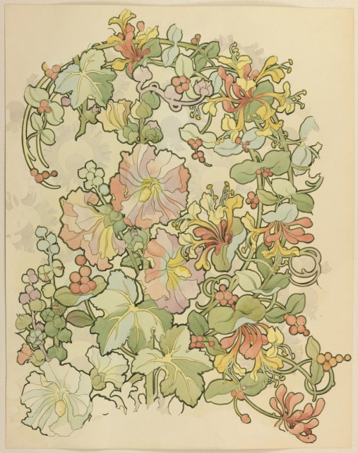 Textile Design of Petunias, Honeysuckle, and Berries