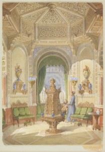 Design for a Moorish Smoking Room. octagon room with two men smoking in a corner