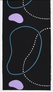 black print with blue outlined circles, white dotted circles, and purple bean shapes