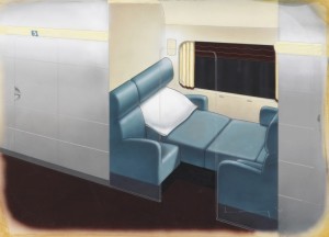 Design for Streamline Sleeper Car with Two Seat Compartment - drawing with a blue two seater