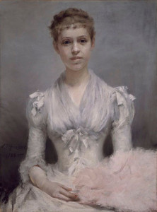 Painting of a young woman in a white dress looking at the viewer and somewhat smiling.