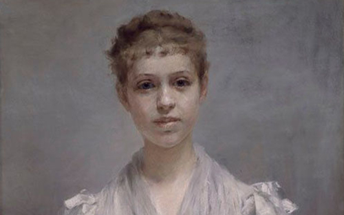 Painting of a young woman in a white dress looking at the viewer and somewhat smiling.