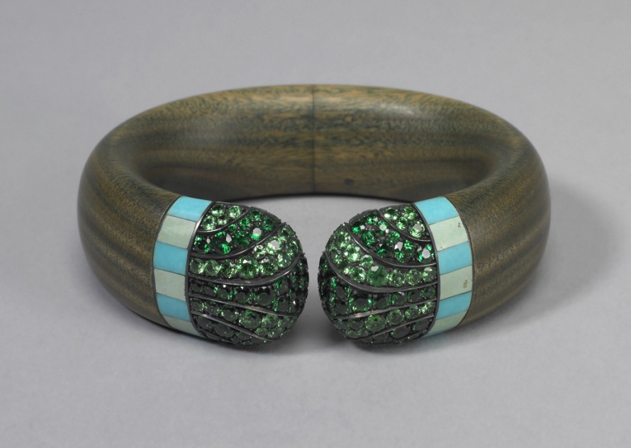 wooden bangle bracelet with green jems