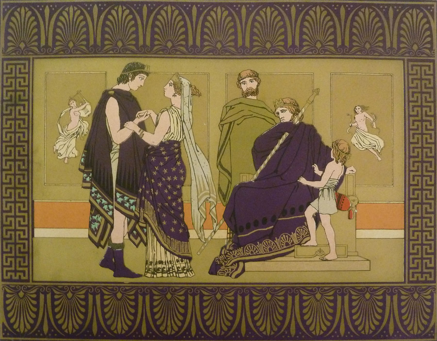 Cartoony and stylized illustration of several grecian looking people standing around in robes. ornate border on top and bottom of illustration.