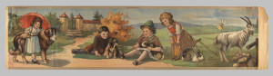 Children's frieze, featuring four children at play, two girls and two boys. Also shown are a large dog, goat and two rabbits. The children and animals are situated on a walk which leads up to a large gate.
