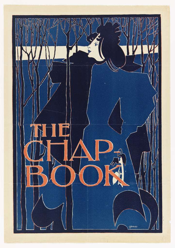 Poster for The Chap-Book, August 1894. A woman dressed in blue at the center of the image stands in a wood, holding a pair of skates. The words The Chap / Book, printed in red cover the lower left portion of the poster.