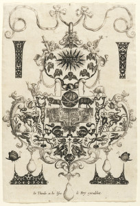 Pendant design with animal imagery (winged deer, squirrels, rabbits) with hanging pear-shaped pearls. Central image features The Temptation: Adam and Eve with serpent hanging from tree. Surrounding the pendant are blackwork ornament designs for enamelists, mostly showing possibilities for the top and sides of rings. First plate of the complete set of 8. (Matted with 6161.1-2/4.2000)