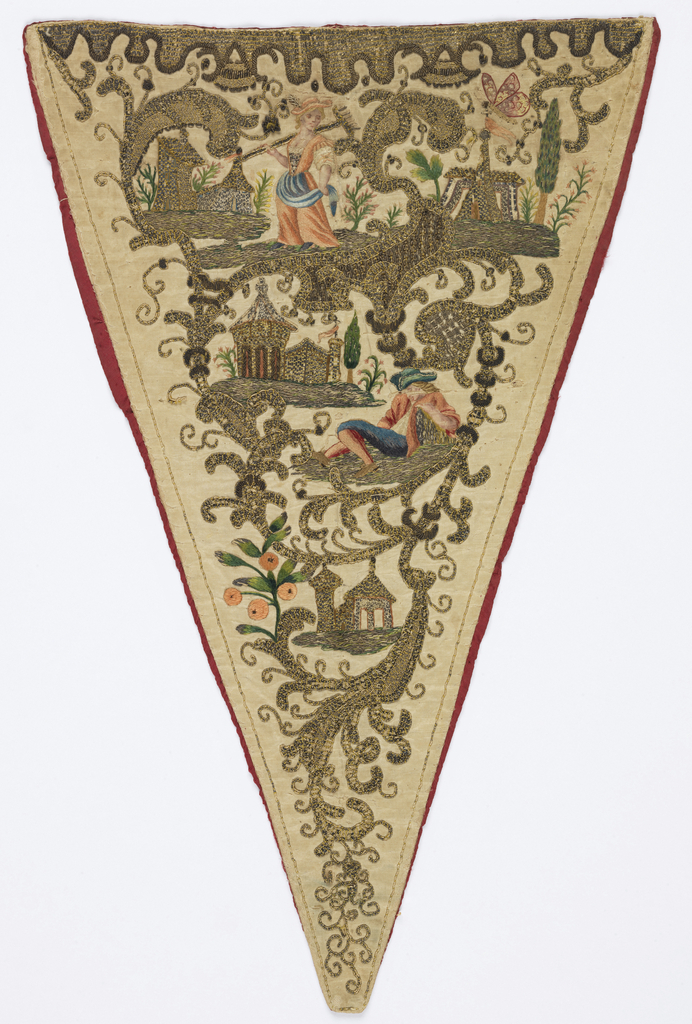 Triangular stomacher in ivory silk, heavily embroidered in gold metallic thread with scrolling leaves framing small buildings, and, in colored silks, a female figure with a rake over one shoulder, a male figure dozing, and a butterfly.