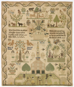 A sampler with six scenes: a church with a garden, figures, animals, birds and butterflies in front; the garden of Eden with Adam and Eve; and a mourning scene with a weeping willow, and funerary urn, and four figures, two adults and two children. Three additional scenes show figures with animals and trees. With a rose vine border.
