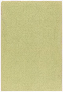 All-over design of spiderwebs on background of tiny dots and very fine vermicelly-lines. Printed in chartreuse, dark green, brown on a pale chartreuse background.