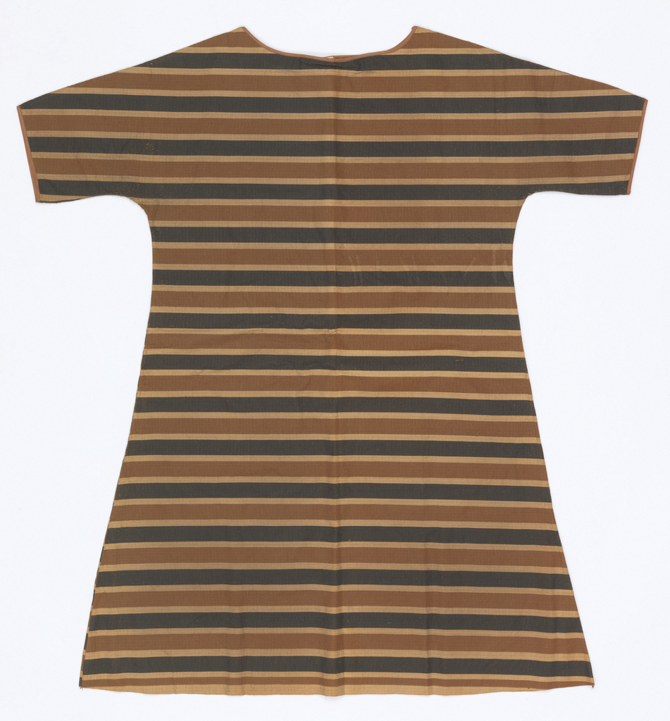 Short-sleeved dress with back and front of similar shape, seamed at top and sides. White fibrous paper printed with horizontal black and brown bars.