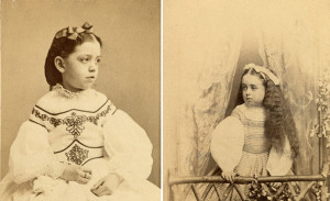 Old photographs of two young girls in poofy dresses.