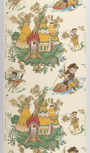 Children's or boys' paper. The main character in this design is Sparkie, a puppet who thought he was a real boy, acting out famous scenes in American history including George Washington crossing the Delaware, Paul Revere making his historic ride, and Buffalo Bill with Sitting Bull. Printed in green, gold, red and brown with blue on an off-white ground.