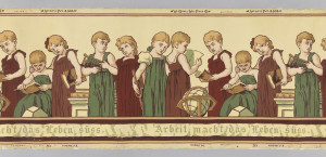 Children's frieze with repeating group of seven school girls in green and red dresses, holding books, abaci and hoops, with a terrestrial globe. Across bottom a banderole with the Gothic-letter inscription in German: Arbeit macht das Leben Süss [Work Makes Life Sweet]. Printed in top selvedge: Wm. Campbell-Wall-Paper-Co., Antiseptic Pat'd 8-9-04". Printed in bottom selvedge: "The Froebel, E.J. Walenta, 496".