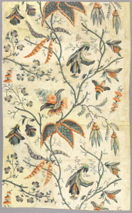 Vertical rectangle of joined sheets of paper. Large flowing design of foliage and flowers in the manner of Jean Pillement's Indian design. Printed in orange, blue, and greens.