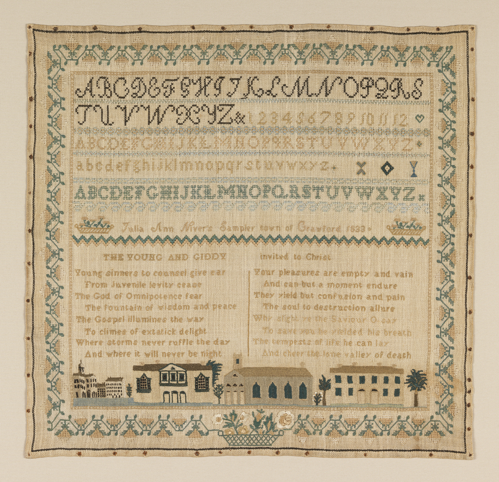 Several bands of alphabets and numerals separated by narrow geometric borders, and an inscription. In the lower half, a verse in two columns and a view of Crawford, New Hampshire; all within a stylized floral border. Embroidered in colored silks on a white linen ground.
