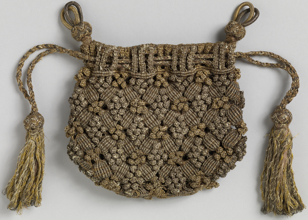 Unlined drawstring bag with two different macrame knots used to produce a diagonal grid-like pattern with diamond-shaped clusters of of tiny balls, in gold and silver metallic yarns.