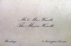 Simple white card with heavily italicized fancy script saying: "Mr & Mrs Hewitt. The Misses Hewitt. Thursdays. 9 Lexington avenue.
