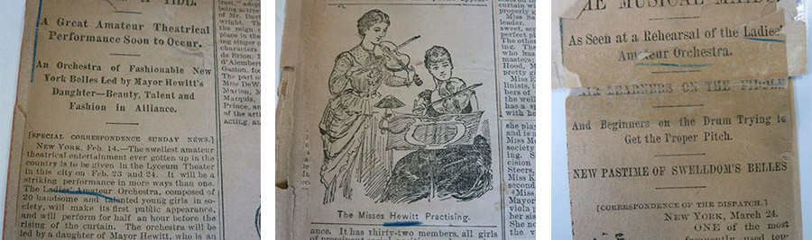 tattered collection of newspaper clippings, including one that shows an illustration of two ladies playing violin with caption "The misses hewitt practising"