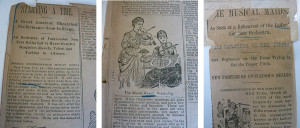 Tattered collection of newspaper clippings, 3 clippings total pasted into a book and shown side by side. Headlines are "Starting a TIde" & "Musical Maids"