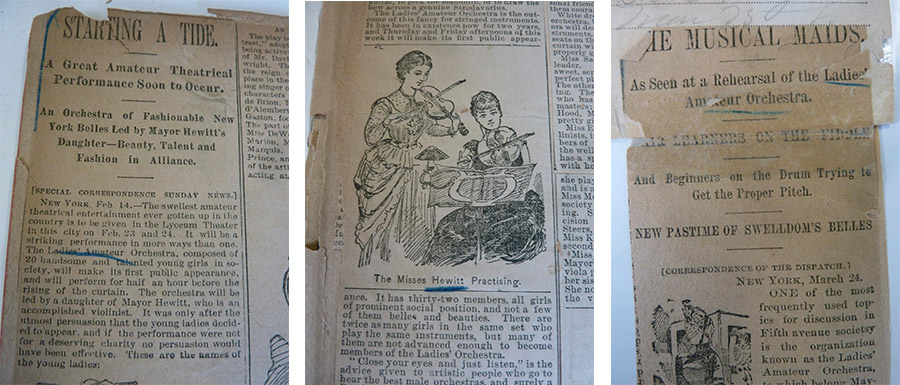 Tattered collection of newspaper clippings, 3 clippings total pasted into a book and shown side by side. Headlines are 