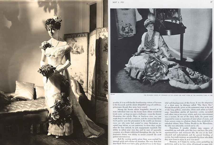 At left, a young woman pictured in a long evening gown adorned with flowers and ruffles and pleats. On right, publication layout inside page showing some text and an image of a woman seated on floor wearing many layers of baggy garments.
