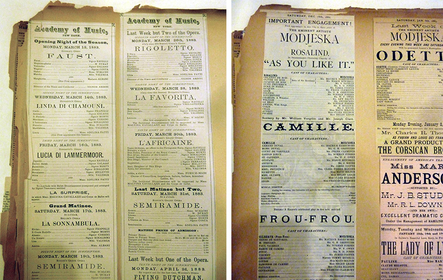 Clippings pasted into a book of what appear to be playbill listings. About 17 clippings in all, from productions like Rigoletto, Faust, etc.