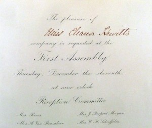 Invitation that reads: "The pleasure of Miss Eleanor Hewitt's company is requested at the First Assembly, Thursday December the 11th at Nine o'clock"
