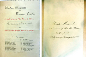 Two images side by side. On the left, a page that reads at top: "Amateur theatricals and Tableaux Vivants..." On the right, page reads: "Soiree Musicale, at the residence of Mr. and Mrs. Hewitt" in very fancy italic script.