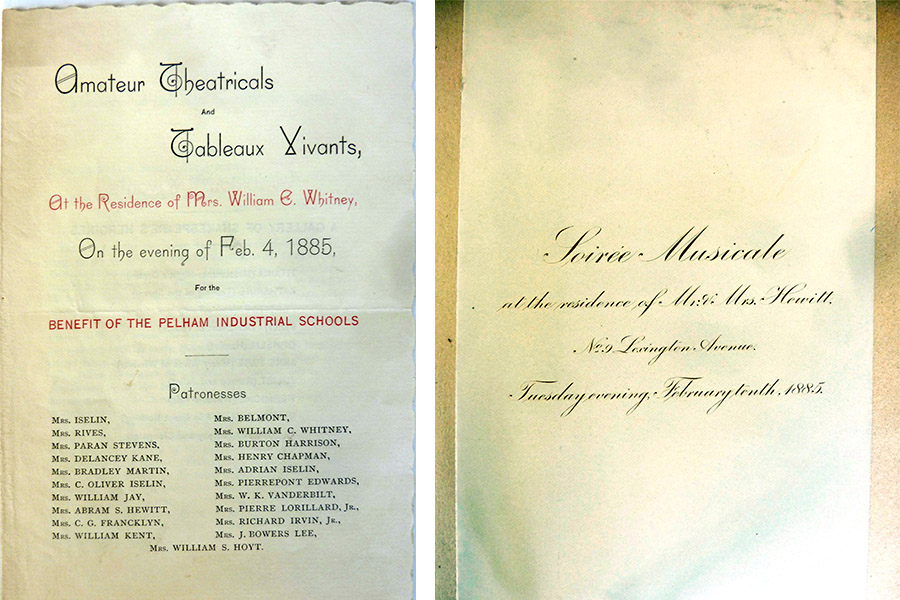 Two images side by side. On the left, a page that reads at top: "Amateur theatricals and Tableaux Vivants..." On the right, page reads: "Soiree Musicale, at the residence of Mr. and Mrs. Hewitt" in very fancy italic script.