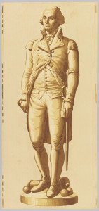 Wallpaper panel showing full length view of George Washington in cutaway coat with epaulettes and a sword. At his feet are a conventionalized cannon and three cannon balls. All supported by shallow circular base. Imitation of statuary. Of the series "America's Heroes" [Les Grands Hommes] which also includes Franklin, Lafayette and Jefferson. Printed on light wood grain background.