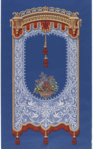 Large-scale window shade printed in imitation of lace. Suspended from a cornice, with a voided center containing a basket of flowers and two tassels, the bottom of the lace curtain is trimmed with a bullion fringe and tassels. Printed on brilliant blue background. Verso is printed same blue color.