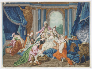 Horizontal rectangle, on two joined sheets of paper, printed in brilliant colors. Esther, seated, being attended by serving woman, with Hegar standing by. Architectural background with drapery.