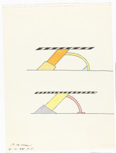 Two registers. Upper register: a striped horizontal panel in black sits atop an orange rectangle, jutting diagonally, on a yellow square, also jutting diagonally, on the right of which is a half arc in yellow, and next to that is an aqua blue triangle; lower register: nearly identical form, but in place of the yellow square is a gray triangle, a yellow rectangle and a pink arc with a base.