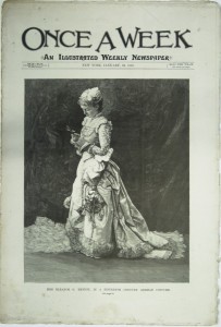 Periodical cover showing large serif lettering that says "ONCE A WEEK" and a highly realistic drawing of a young woman in a large, floor length gown with many poofy layers, looking at her hands, holding what appears to be a wooden cross.