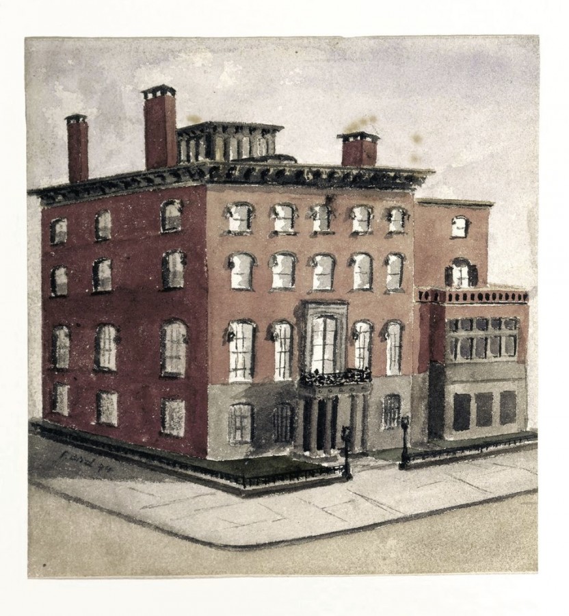watercolor of a rectangular brick building with lots of windows, three chimneys and a small covered entryway, on the corner of a city block.