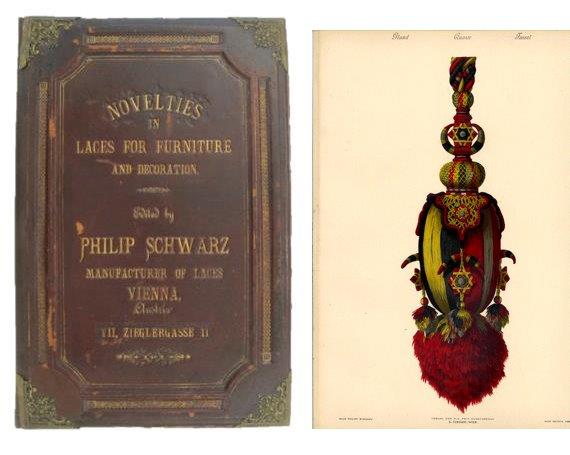 (L) image of leather cover (R) image of ottoman tassel Detail from Schwarz, Philip. Novelties in Laces for Furniture and Decoration. Vienna: Druck von Stockinger & Morsack, 188-?.
