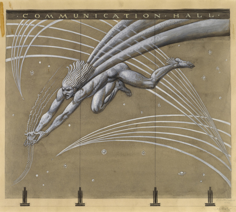 Mercury flying diagonally from upper right to lower left, with his arms extended, gathers air waves portrayed as three series of parallel lines gathered to a point.