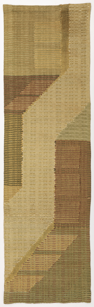 Stylized street scene woven in greens, brown, gold and natural color wefts.