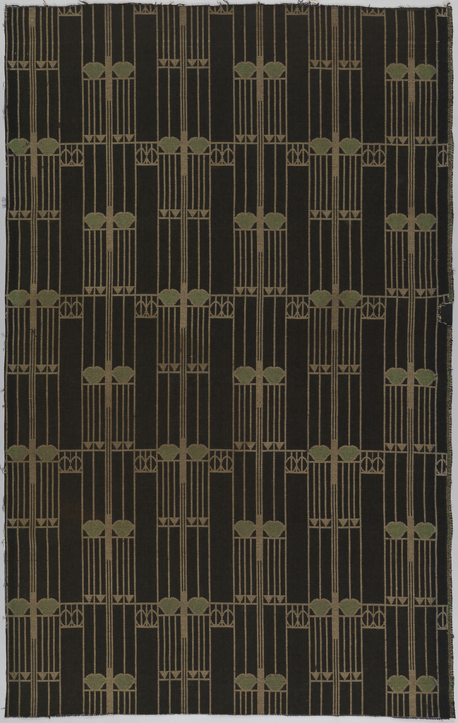Length of woven wool with columns of fine vertical lines broken by rows of inverted triangles and heart-like shapes in beige with touches of pale green on a black ground (faded to dark brown in some areas).