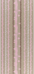 Large-scale photo enlargement of thorny rose stems creating a stripe pattern. The largest stem is centered while the right and left sides are mirror images of the other. Printed in pink, burgundy and white on taupe ground.